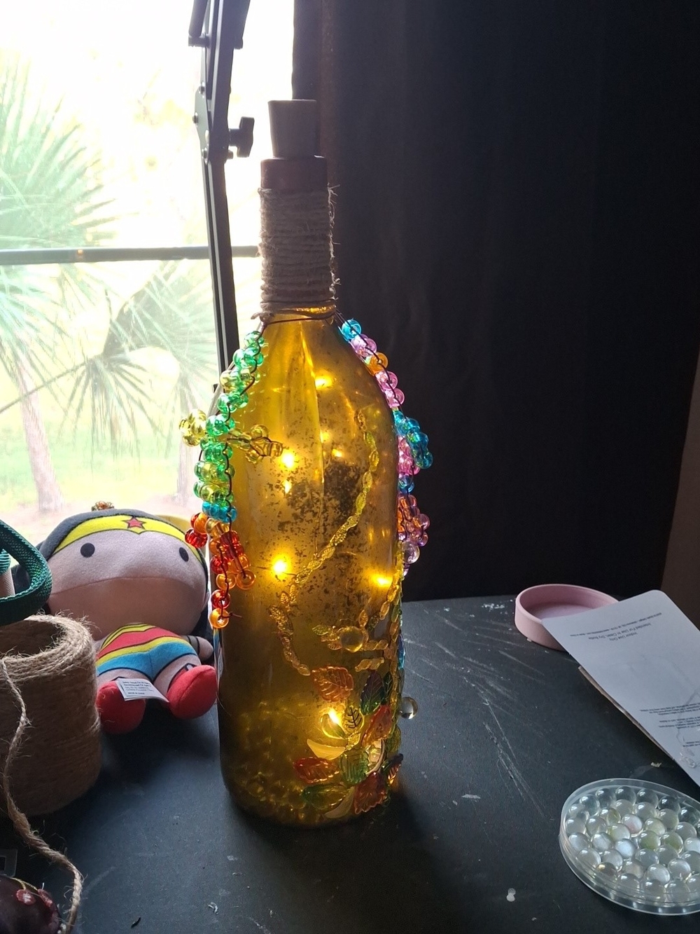 Handmade Decorative Glass Bottle Light with Multicolor Bead Garland